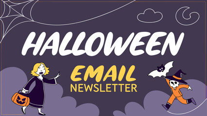 Spooky halloween email newsletter announcement featuring a witch a skeleton and a bat with festive decorations
