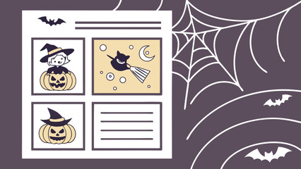 Charming halloween illustration featuring a cheerful witch in a pumpkin a flying black cat and spooky pumpkins on a dark purple background with cobwebs and bats