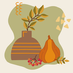 Autumn still life with pumpkin, branches with leaves and vase on olive background. Great for fall design, seasonal branding, social media graphics and holiday packaging