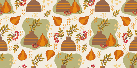 Abstract seamless  pattern with pumpkin, branches with leaves and vase on olive background. Great for fall design, textile prints, wrapping paper