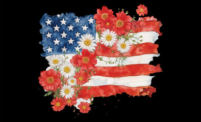 Floral American Flag 4th of July T-shirt Design