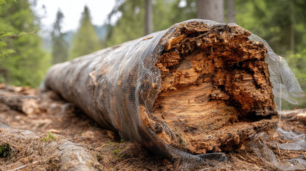 Decaying tree trunk wrapped in mesh lies on forest floor highlighting environmental factors affecting wood decomposition
