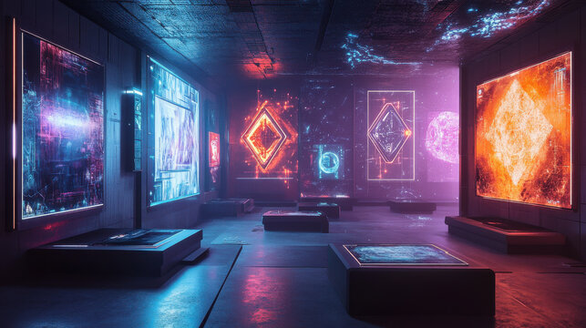 Abstract Futuristic Gallery with Glowing Neon Art Installations