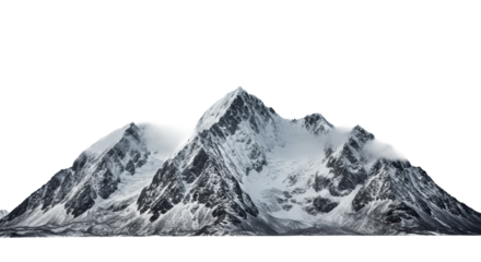 Majestic, ice-covered peaks with crisp contours, rising from a pristine plain under a dramatic, swirling sky with mist. Concept of powerful natural grandeur