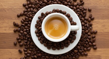 Obraz premium Espresso in White Cup with Roasted Coffee Beans on Wood Surface