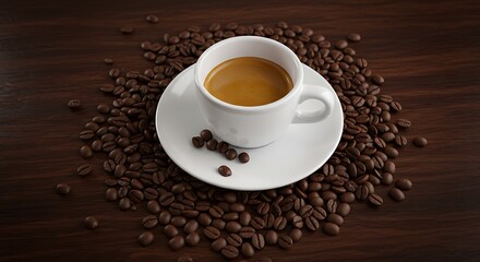 Fototapeta premium Espresso in White Cup with Brown Coffee Beans on Dark Wood