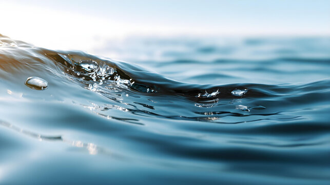 Macro close-up of soft blue water ripples gently flowing, morning sunlight casting delicate reflections