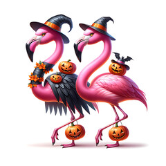 Whimsical Pink Flamingos in Halloween Costumes: Fantasy Illustration for a Cheerful Autumn Celebration