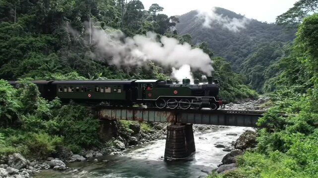 Steam train traveling over river bridge surrounded by tropical jungle