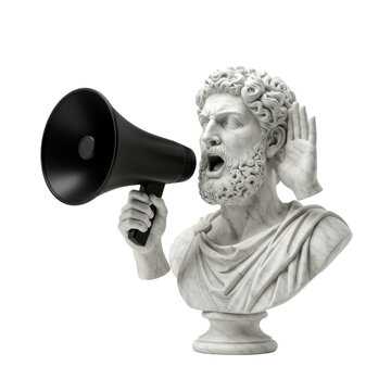 Meticulously detailed classical white marble male bust, shouting, holding black megaphone, hand cupped, against transparent studio background, concept of powerful ironic announcement