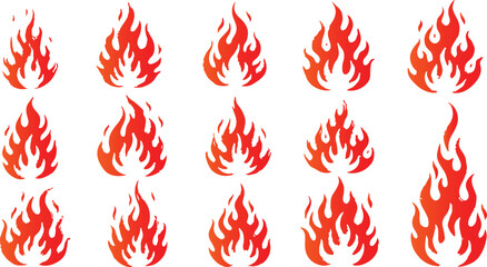 Collection of stylized fire flames isolated on transparent background