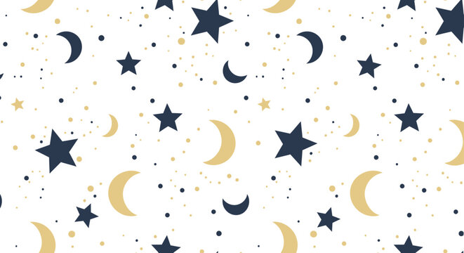 Celestial Night Sky Seamless Pattern: Stars, Moons, Space Background Design