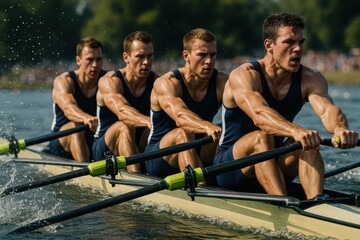 Photorealistic male rowing team in synchronized motion with splashing water and sharp tension. Concept of summer sport, endurance, rhythm, teamwork, and elite rowing performance.