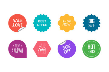 Collection of colorful super sale tags and discount offer stickers in modern label design
