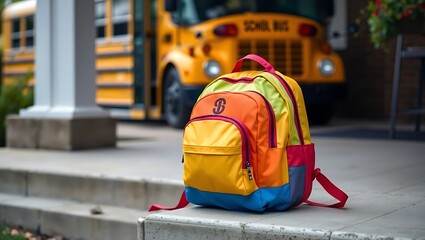 A colorful backpack sits on steps in front of a school bus ready for the school day to begin