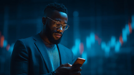 Man Uses a Smartphone Before a Blue Stock Chart Background in Suit 35155597 1