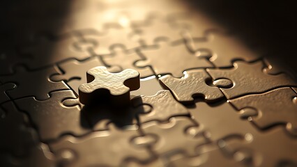 Single puzzle piece nearing completion, dramatic shadows highlighting connection.