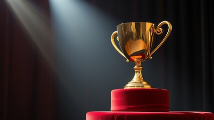 A gleaming gold trophy sits on a velvet stand, radiating achievement and prestige.