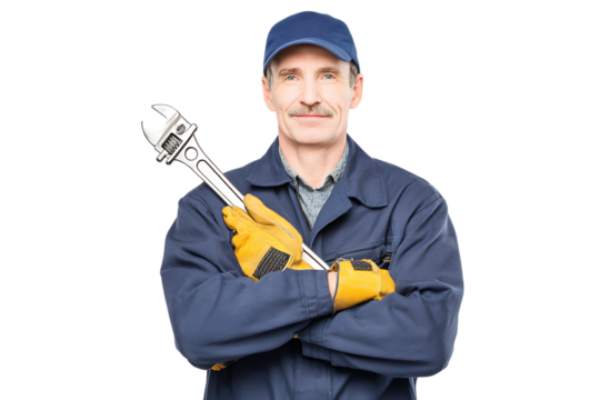 Portrait of a confident male mechanic holding a wrench.