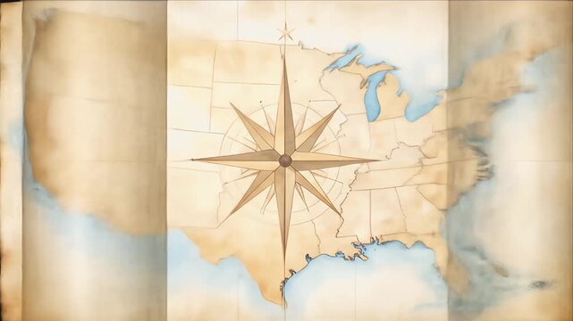 Folded map of the USA with a compass rose, vintage style