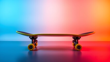 A vibrant yellow skateboard against a neon gradient background, exuding dynamic energy.