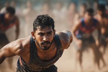 Kabaddi player action shot in india traditional sport competition