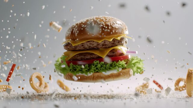 A burger with a lot of toppings is shown in a messy explosion. The burger is surrounded by onion rings and lettuce. Concept of chaos and excitement, as if the burger is exploding