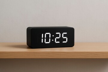 A black digital alarm clock showing 10 25 on a light wooden surface