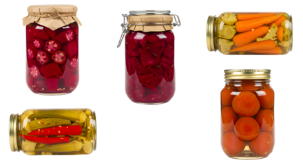 A vibrant display of assorted pickled vegetables in glass jars, showcasing colorful ingredients with a rustic touch