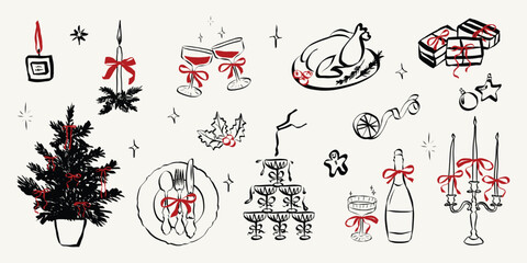 Whimsical chalk doodles of Christmas party. Quirky icons of breakfast and dinner meals in crayon style. Crayon drawing for menus and invitations. La dolce vita vector illustration