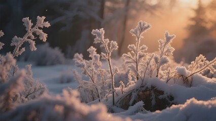 Frost-covered plants glisten in the soft light of a winter sunrise, surrounded by a serene snowy landscape.