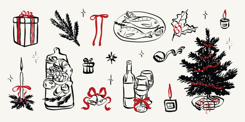 Whimsical chalk doodles of Christmas party. Quirky icons of breakfast and dinner meals in crayon style. Crayon drawing for menus and invitations. La dolce vita sketch vector illustration