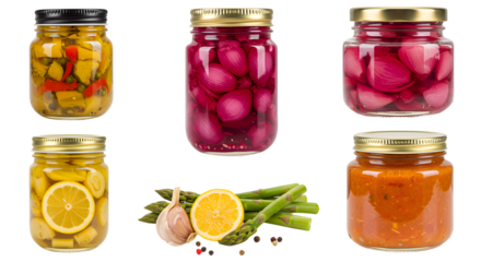 Assorted jars of pickled vegetables and sauces displayed on a clean surface, showcasing vibrant colors and freshness
