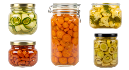Assorted jars of pickled vegetables including cucumbers, carrots, cauliflower, and leeks, arranged on a white background