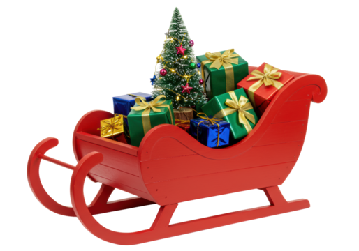 Scarlet red wooden sleigh with colorful gift boxes, ribbons, bows, and a miniature Christmas tree, on a transparent seamless studio background, shadowless, perfect holiday celebration