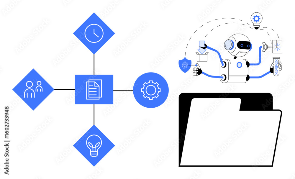 Poster robot managing tasks and workflow icons including clock, group, gear, bulb, and document with open f