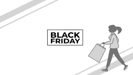 Black friday shopping event featuring a woman carrying shopping bags with a minimalist graphic design and clean background