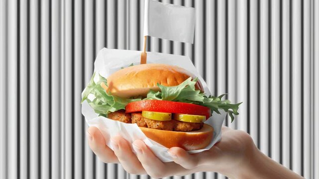 A person is holding a small hamburger with a flag on top. The hamburger is on a bun and has a pickle spear in it. The flag is white and has a red stripe. The image has a playful and lighthearted mood