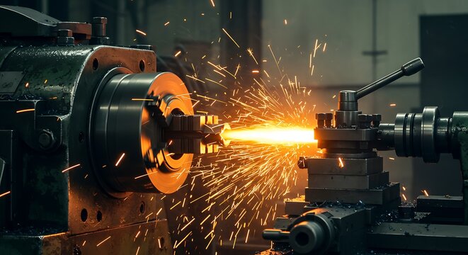 Metal Lathe Cutting Creates Fiery Sparks in Dark Workshop