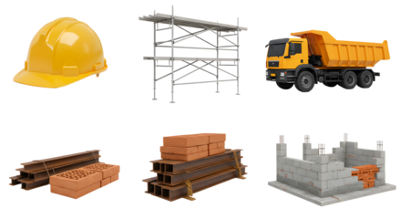 Construction site elements featuring a safety helmet, scaffolding, dump truck, building materials, and a brick structure