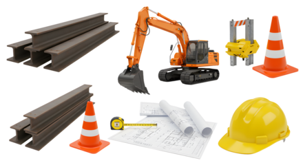 Construction site elements featuring an excavator, safety cones, blueprints, and tools, emphasizing active building work