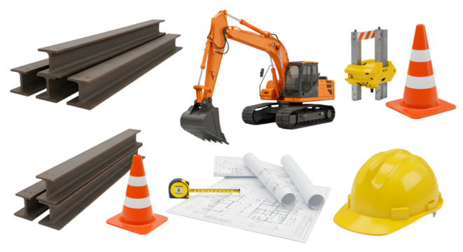 Construction site elements featuring an excavator, safety cones, blueprints, and tools, emphasizing active building work