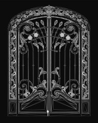 A black and white wrought iron gate features intricate curved bars and a decorative central pattern. The wireframe design showcases elaborate shapes and classic detailing.