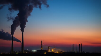 Industrial smokestacks emitting plumes at twilight, set against a dramatic landscape.
