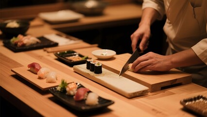 Chef preparing sushi at a traditional Japanese counter with various sushi pieces displayed on wooden boards.