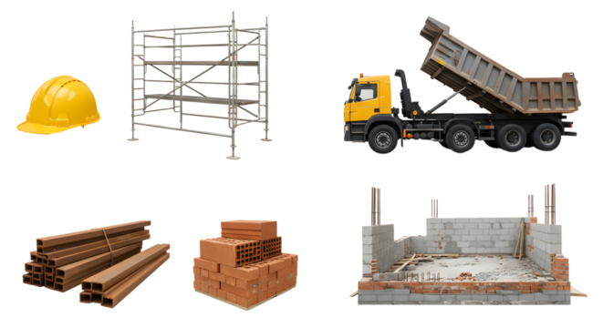 Construction site elements including a hard hat, scaffolding, a dump truck, building materials, and a foundation being laid