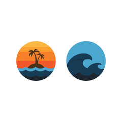 Tropical island and ocean wave circle icons, summer vacation travel design