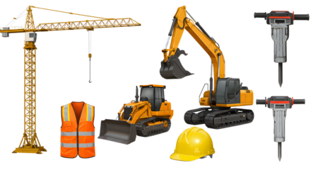 Construction site equipment including an excavator, crane, and safety gear, showcasing active building operations