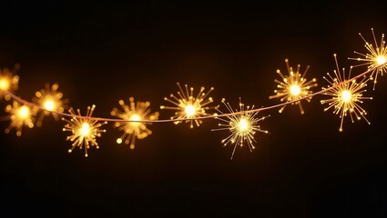 String of golden sphere shaped garland light with sparkle effect. Festive glow illumination for holiday decoration.