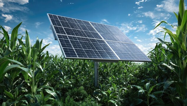Solar panel in a cornfield under a partly cloudy sky